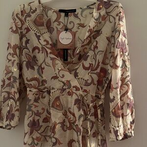 Harve Bernard New Look Floral Wrap Blouse - Cream and Brown